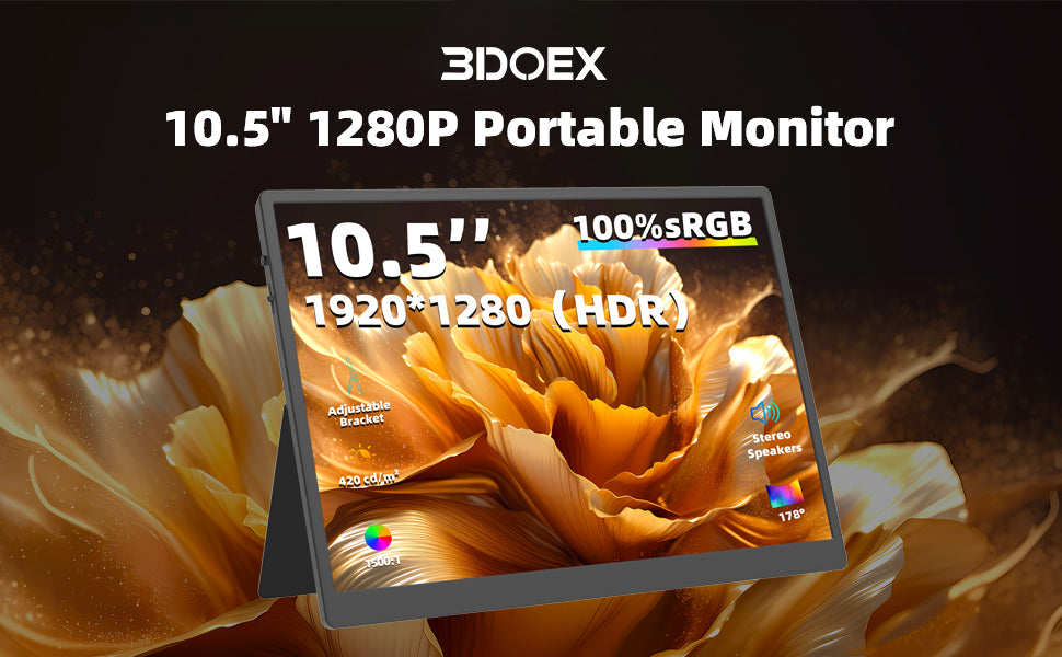 3DOEX 10.5" Portable Monitor, 3:2 1280P FHD IPS Display with HDR10, Ultra-Slim Mini Screen for Laptop PC Phone Game