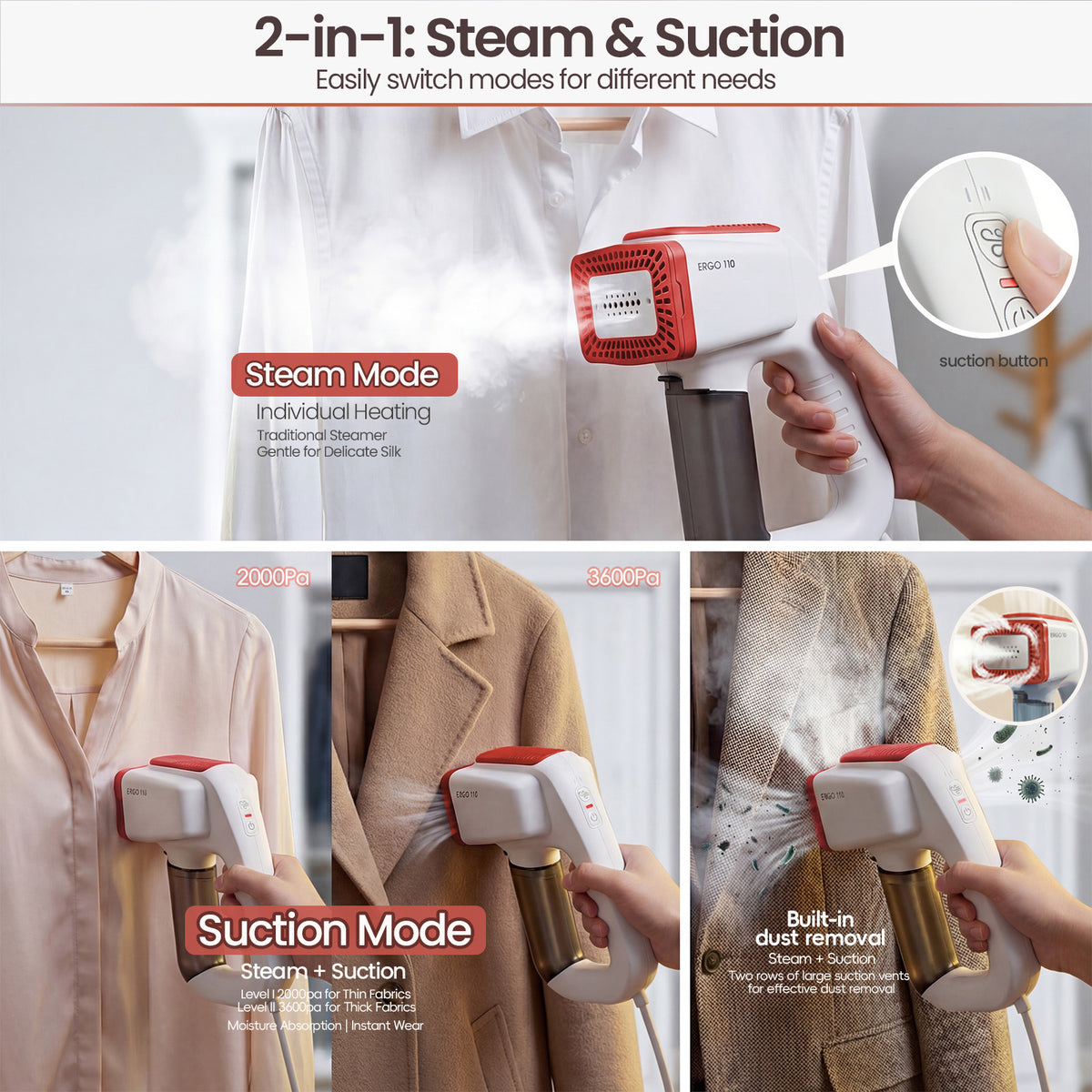 3600Pa Vacuum Steamer,Recycled Steam, Handheld Steamer for Clothes,Fabric